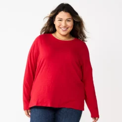 Plus Size Sonoma Goods For Life® Everyday Crewneck Long Sleeve Top -Outlet Clothiza Store 5714078 Inviting Red
