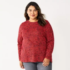 Plus Size Sonoma Goods For Life® Everyday Crewneck Long Sleeve Top -Outlet Clothiza Store 5714078 Red Floral