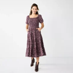 Women's Sonoma Goods For Life® Smocked Tiered Midi Dress -Outlet Clothiza Store 5804206 Plum Floral