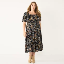 Plus Size Sonoma Goods For Life® Smocked Tiered Midi Dress -Outlet Clothiza Store 5805883 Black Floral