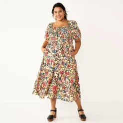 Plus Size Sonoma Goods For Life® Smocked Tiered Midi Dress -Outlet Clothiza Store 5805883 Tan Floral