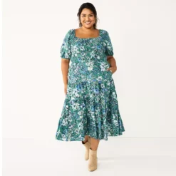 Plus Size Sonoma Goods For Life® Smocked Tiered Midi Dress -Outlet Clothiza Store 5805883 Teal Floral