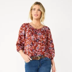 Women's Sonoma Goods For Life® Three-Quarter Sleeve Top -Outlet Clothiza Store 5806184 Red Multi Floral