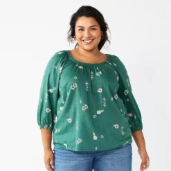 Plus Size Sonoma Goods For Life® Three Quarter Sleeve Top -Outlet Clothiza Store 5806763 Green Geo Floral