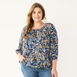 Plus Size Sonoma Goods For Life® Three Quarter Sleeve Top -Outlet Clothiza Store 5806763 Navy Multi Floral