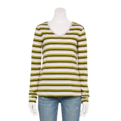 Women's Sonoma Goods For Life® Everyday Adaptive & Easy Dressing V-Neck Long Sleeve Top -Outlet Clothiza Store 5816145 Green Purple Stripe