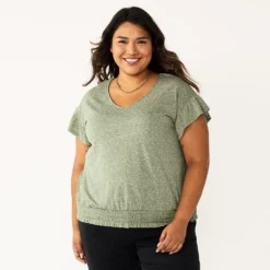 Plus Size Sonoma Goods For Life® Banded Bottom Ruffle Sleeve Top -Outlet Clothiza Store 5819597 Olive