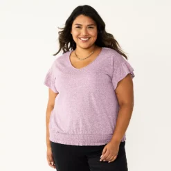Plus Size Sonoma Goods For Life® Banded Bottom Ruffle Sleeve Top -Outlet Clothiza Store 5819597 Plum
