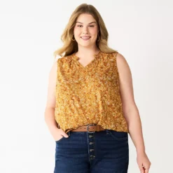 Plus Size Sonoma Goods For Life® Y-Neck Ruffle Tank -Outlet Clothiza Store 5831170 Gold Multi Ditsy