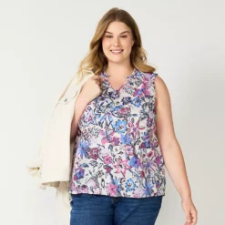 Plus Size Sonoma Goods For Life® Y-Neck Ruffle Tank -Outlet Clothiza Store 5831170 Gray Purple Floral
