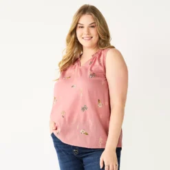 Plus Size Sonoma Goods For Life® Y-Neck Ruffle Tank -Outlet Clothiza Store 5831170 Pink Mauve Geo Floral