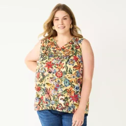 Plus Size Sonoma Goods For Life® Y-Neck Ruffle Tank -Outlet Clothiza Store 5831170 Tan Pink Floral