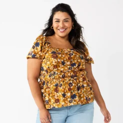 Plus Size Sonoma Goods For Life® Short Sleeve Squareneck Top -Outlet Clothiza Store 5850563 Ginger Floral
