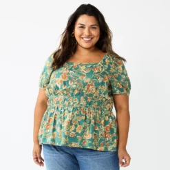 Plus Size Sonoma Goods For Life® Short Sleeve Squareneck Top -Outlet Clothiza Store 5850563 Green Floral