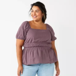 Plus Size Sonoma Goods For Life® Short Sleeve Squareneck Top -Outlet Clothiza Store 5850563 Purple