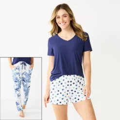 Women's Sonoma Goods For Life® 3-piece Pajama Top, Pajama Shorts & Pajama Pants Sleep Set -Outlet Clothiza Store 5879060 Blue Cloudy Dye