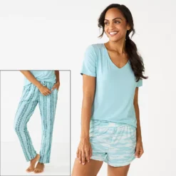 Women's Sonoma Goods For Life® 3-piece Pajama Top, Pajama Shorts & Pajama Pants Sleep Set -Outlet Clothiza Store 5879060 Turquoise Dye Stripe