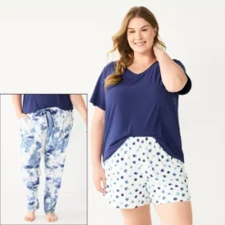Plus Size Sonoma Goods For Life® 3-piece Pajama Top, Pajama Shorts & Pajama Pants Sleep Set -Outlet Clothiza Store 5879135 Blue Cloudy Dye