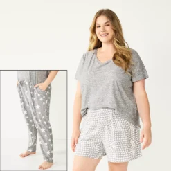 Plus Size Sonoma Goods For Life® 3-piece Pajama Top, Pajama Shorts & Pajama Pants Sleep Set -Outlet Clothiza Store 5879135 Gray Ditsy Stars