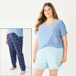 Plus Size Sonoma Goods For Life® 3-piece Pajama Top, Pajama Shorts & Pajama Pants Sleep Set -Outlet Clothiza Store 5879135 Navy Triangle Geo