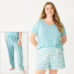 Plus Size Sonoma Goods For Life® 3-piece Pajama Top, Pajama Shorts & Pajama Pants Sleep Set -Outlet Clothiza Store 5879135 Turquoise Dye Stripe