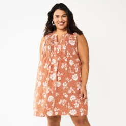 Plus Size Sonoma Goods For Life® Sleeveless Pintuck Tank Dress -Outlet Clothiza Store 5905628 Brown Floral
