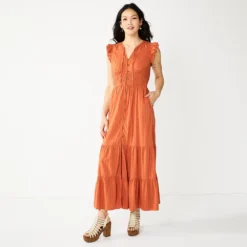 Women's Sonoma Goods For Life® Ruffle Sleeve Smocked Maxi Dress -Outlet Clothiza Store 5921689 Rust