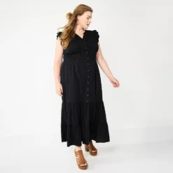 Plus Size Sonoma Goods For Life® Ruffle Sleeve Smocked Maxi Dress -Outlet Clothiza Store 5921901 Black