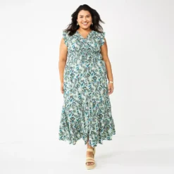 Plus Size Sonoma Goods For Life® Ruffle Sleeve Smocked Maxi Dress -Outlet Clothiza Store 5921901 Blue Floral