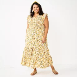 Plus Size Sonoma Goods For Life® Ruffle Sleeve Smocked Maxi Dress -Outlet Clothiza Store 5921901 Orange Floral
