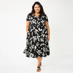 Plus Size Sonoma Goods For Life® Button Front Tiered Midi Dress -Outlet Clothiza Store 5927443 Black Floral