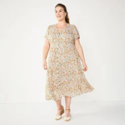 Plus Size Sonoma Goods For Life® Button Front Tiered Midi Dress -Outlet Clothiza Store 5927443 Pink Floral