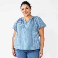 Plus Size Sonoma Goods For Life® Flutter Sleeve Y-Neck Top -Outlet Clothiza Store 5929300 Blue Stripe