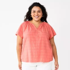 Plus Size Sonoma Goods For Life® Flutter Sleeve Y-Neck Top -Outlet Clothiza Store 5929300 Coral