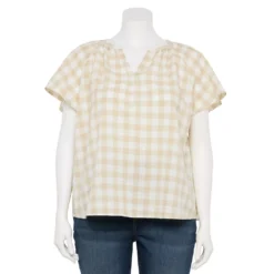 Plus Size Sonoma Goods For Life® Flutter Sleeve Y-Neck Top -Outlet Clothiza Store 5929300 Ecru Gingham