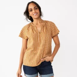 Women's Sonoma Goods For Life® Flutter Sleeve Y Neck Top -Outlet Clothiza Store 5931514 Gold Stripe