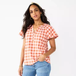 Women's Sonoma Goods For Life® Flutter Sleeve Y Neck Top -Outlet Clothiza Store 5931514 Rust Gingham