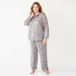 Plus Size Sonoma Goods For Life® Knit Pajama Shirt & Pajama Pants Sleep Set -Outlet Clothiza Store 6025544 Grey Leopard