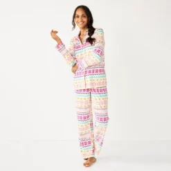 Women's Sonoma Goods For Life® Velour Pajama Shirt & Pajama Pants Sleep Set -Outlet Clothiza Store 6076017 Ivory Fun Fisle