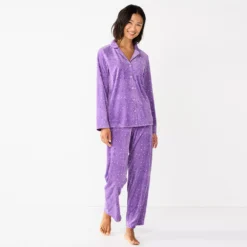 Women's Sonoma Goods For Life® Velour Pajama Shirt & Pajama Pants Sleep Set -Outlet Clothiza Store 6076017 Lilac Happy Dots