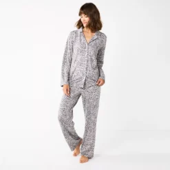 Women's Sonoma Goods For Life® Knit Pajama Shirt & Pajama Pants Sleep Set -Outlet Clothiza Store 6076381 Grey Leopard