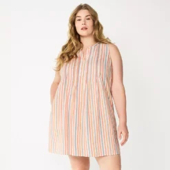 Plus Size Sonoma Goods For Life® Sleeveless Pintuck Tank Dress -Outlet Clothiza Store 6193865 Beige Multi Stripe